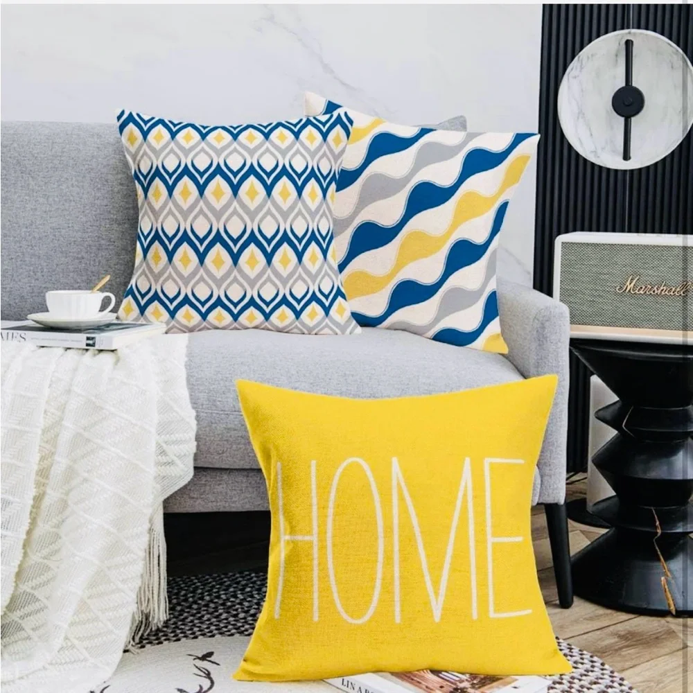 Geometric Set of 4 Throw Pillow Covers Blue Yellow Grey NEW